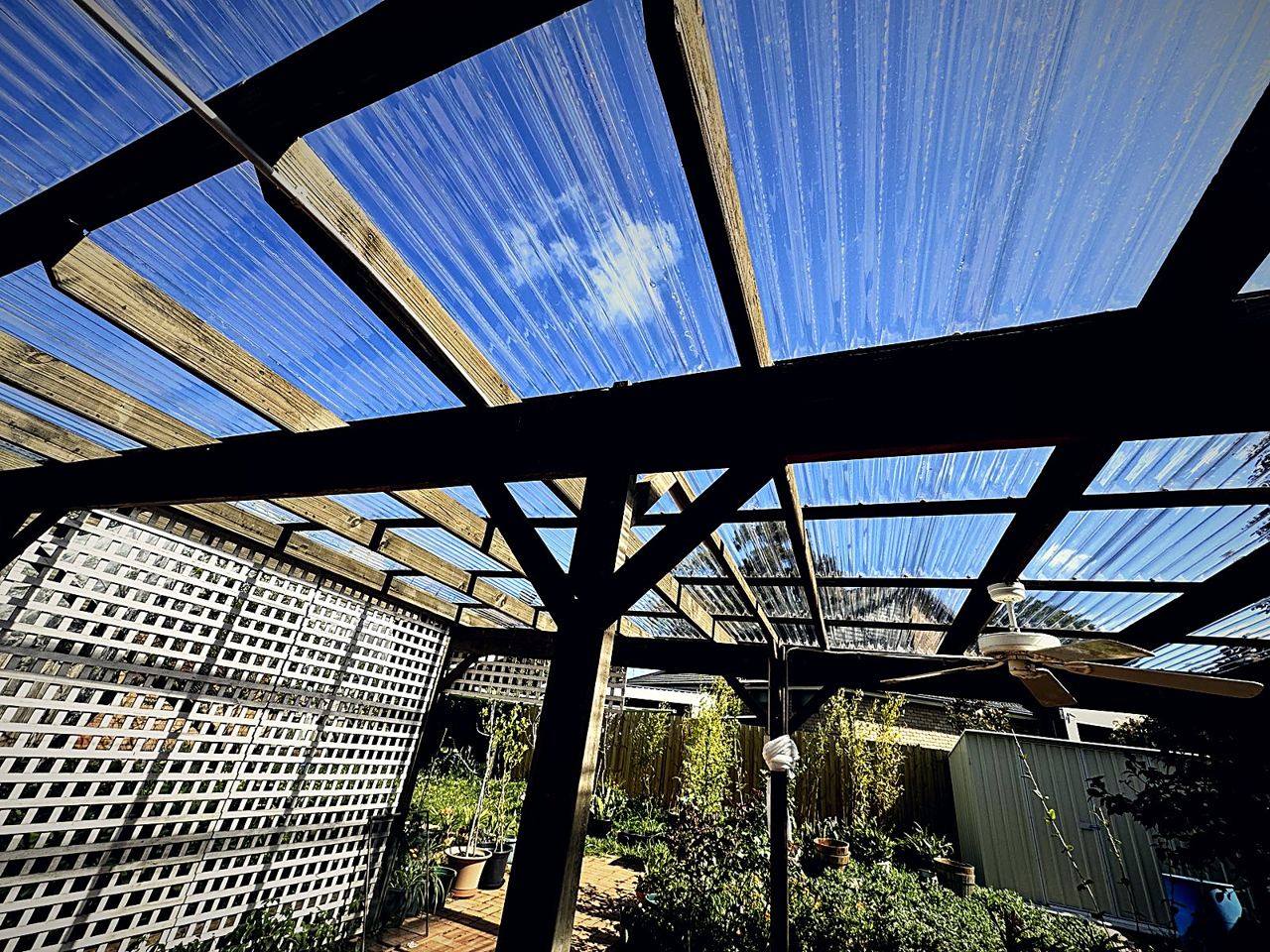 Pergola roof beams and clear roofing from below